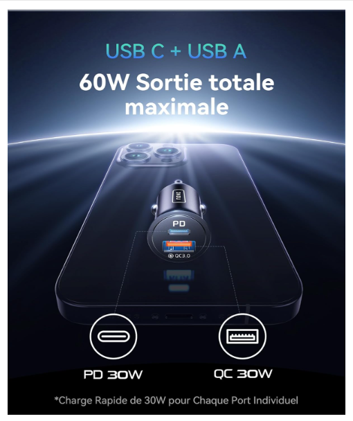 Chargeur allume cigare Auto | Charge Rapide 60W