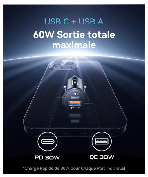 Chargeur allume cigare Auto | Charge Rapide 60W - Amascotech-auto
